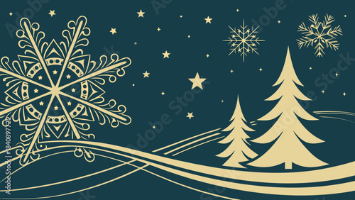 Elegant Winter Holiday Background with Ornate Golden Snowflake, Stylized Christmas Trees, and Stars on Deep Teal Blue