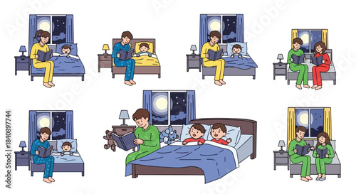 Parents reading bedtime stories to children