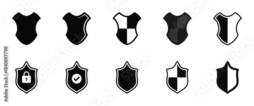 Collection of black shield vector icons for design projects.  Secure guard symbol. Shield vector set. Protect sign isolated on white background. Vector illustration. EPS 10