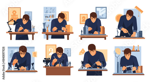 Miniature model crafting scenes in a workshop