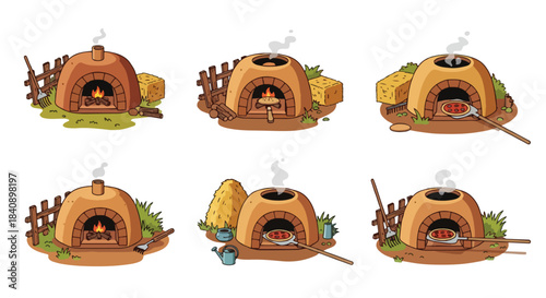 Wood fired oven set with food and firewood