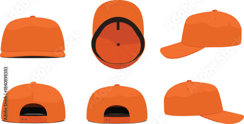 Orange baseball cap sketch, six views, front, back, side, top, adjustable strap, fashion design, product illustration