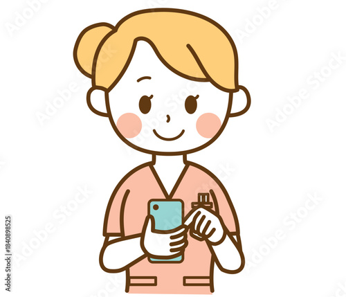 スマートフォンを操作する笑顔の女性医療スタッフのイラスト｜看護師,歯科衛生士,スマホ,連絡,制服,デジタル機器