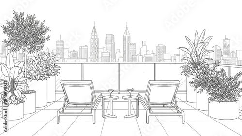 High-quality black line art of a modern rooftop terrace with lounge chairs, potted plant, and city skyline, contemporary outdoor design