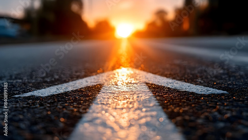 A close-up of a road marking arrow guiding travelers towards a beautiful sunset at the horizon.
