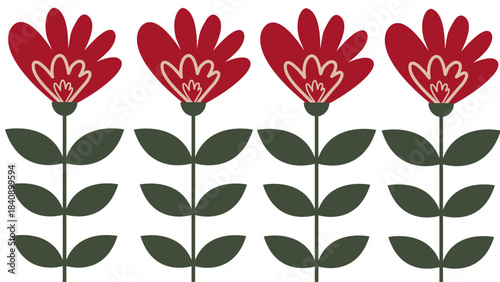 Minimalist Floral Red Flower Folk Art Border Green