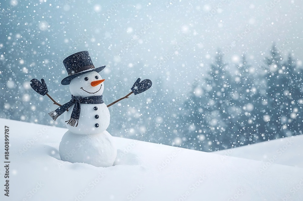 Fototapeta premium Smiling Snowman In Winter Wonderland Scene