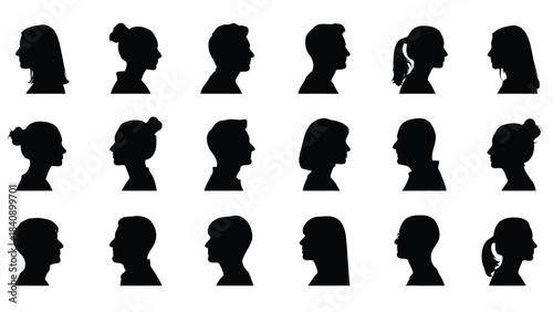 Collection of diverse human head silhouettes on white background