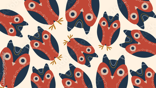 Nordic Owl Birds Abstract Folk Art Seamless Pattern