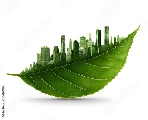 A creative blend of nature and urban life, showcasing a city skyline integrated within a vibrant green leaf.