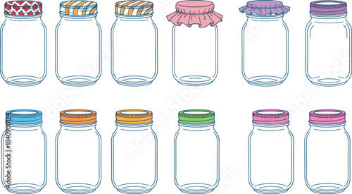 Glass jar illustration set with colorful lids and fabric covers, empty mason jar vectors for homemade preserves packaging labels and kitchen storage designs