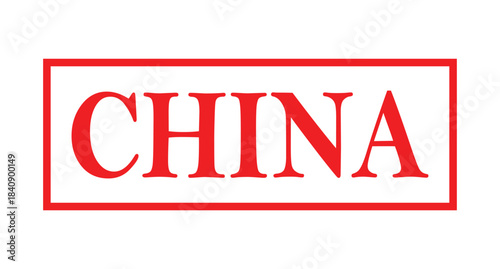 Red China Stamp Illustration, Country of Origin Label, Official Red Rectangular Seal on White Background, Bold Typography