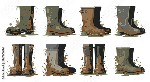 Muddy boots collection in outdoor setting