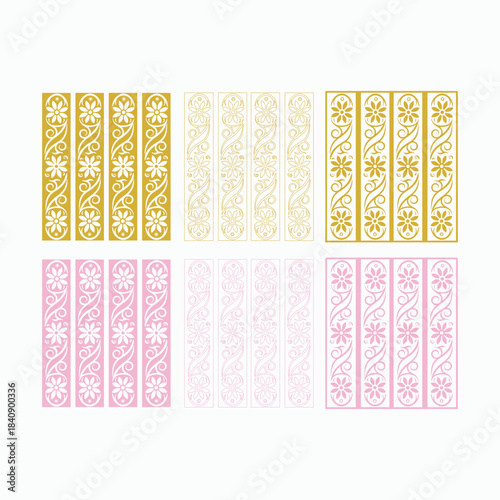 Floral decorative border pattern set in gold and pink outline style