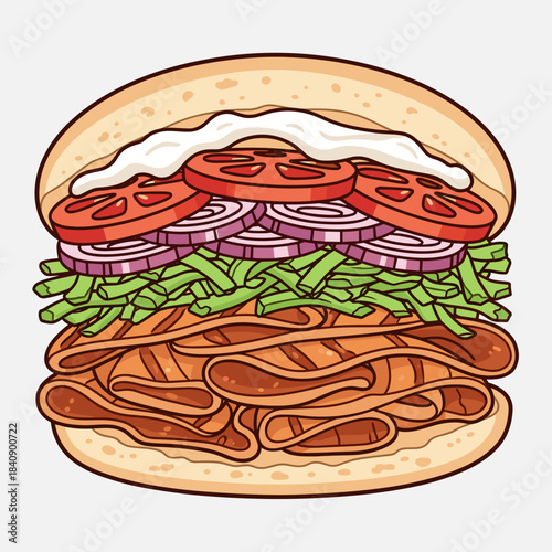 Doner kebab sandwich vector illustration with layered meat and vegetables, flat graphic design
