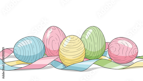 Wooden Easter eggs arranged on soft pastel ribbon cloth, high-quality vector depiction with clean lines and polished minimal composition