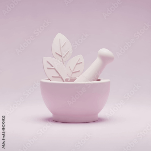 Minimalist 3D Render Pink Mortar, Pestle, Herbal Leaves, Natural Wellness Concept