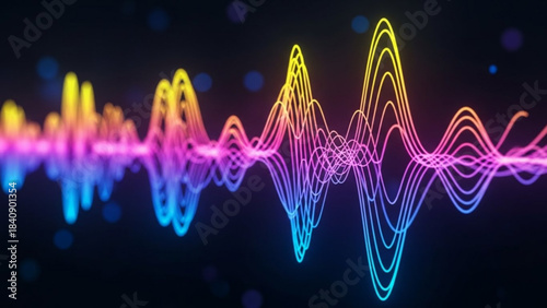 Vibrant sound wave visualization with colorful neon lines representing audio spectrum and music equalizer for digital media and technology concepts