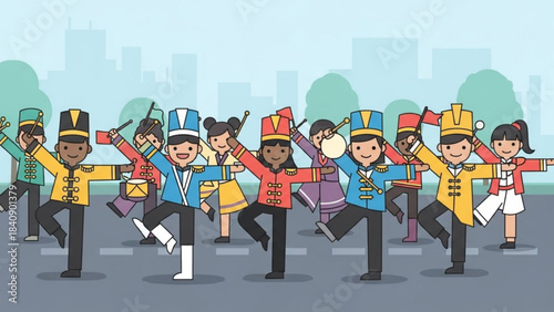 Diverse marching band members in colorful uniforms performing in a parade a lively illustration for music events and celebrations