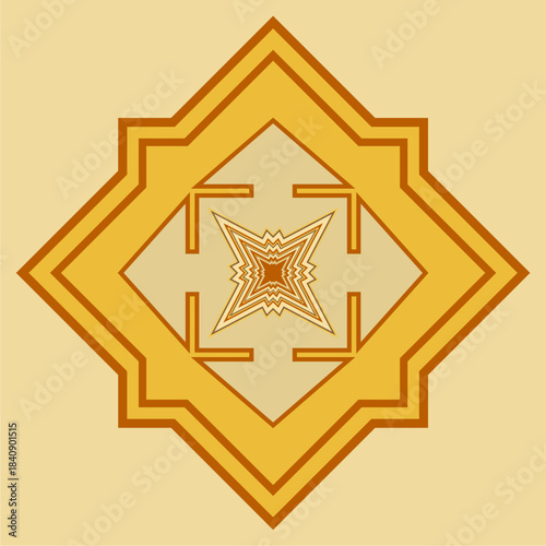 Intricate Golden Geometric Ornament: A Symmetrical Abstract Design with Concentric Rhombuses and a Starburst Motif, Evoking Islamic Artistry and Luxurious Moorish Tilework
