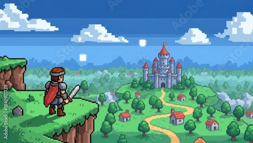 A simple pixel art landscape of a knight on a hill looking towards a castle in the distance.
