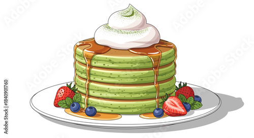 Matcha pancake stack vector illustration, Japanese dessert theme on white background