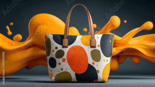 A stylish handbag featuring a colorful geometric print and leather handles is displayed in front of a dynamic orange splash background, ideal for contemporary fashion themes.