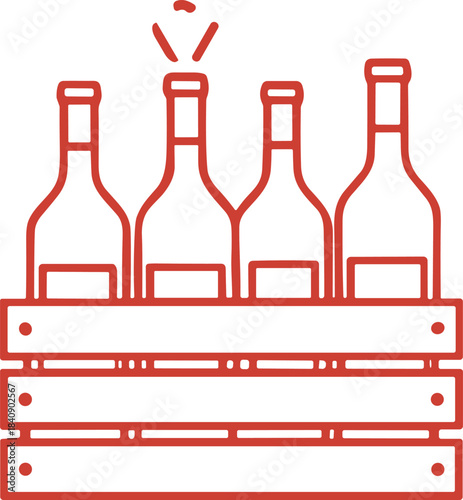 Bottle Crate Line Art Icon – Isolated on Transparent Background Red Outline Beverage Storage Vector Illustration