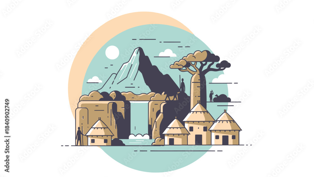 Fototapeta premium Idyllic African Village Illustration with Mountain Backdrop & Traditional Huts for Travel Posters and Tourism Promotion