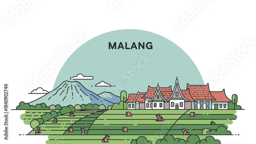 Malang City Landscape Illustration Volcanic Mountain, Farms, and Traditional Buildings