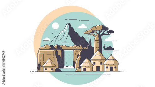 Idyllic African Village Illustration with Mountain Backdrop & Traditional Huts for Travel Posters and Tourism Promotion