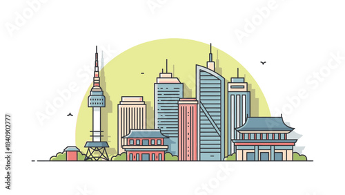 Seoul Skyline Illustration with Namsan Tower and Traditional Architecture for Travel and Tourism Designs