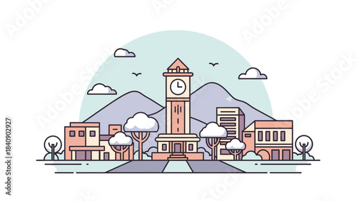 Cityscape with Landmark Clock Tower and Mountain Views, a Serene Urban Illustration
