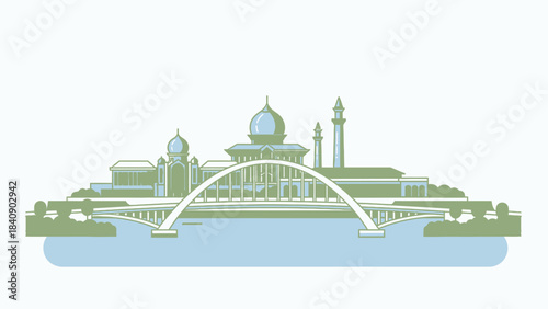Charming Vector Landscape of Malaysia Government Building with an Arch Bridge