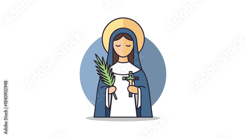 Saint Character Icon Elegant Illustration of Female Religious Figure Holding a Palm and Cross