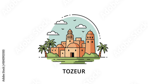 Vibrant Vector Illustration of Tozeur, Tunisia A Captivating Travel Destination Landscape with Palm Trees