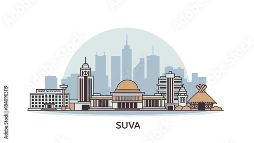 Suva Fiji Skyline Cityscape Illustration with Landmarks, Buildings, and Cultural Elements