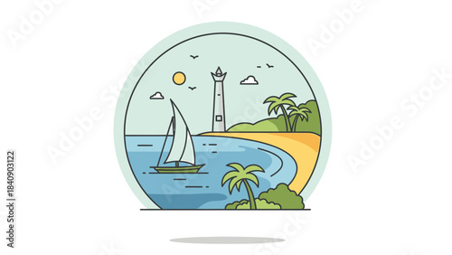 Coastal Bliss Lighthouse, Sailboat, and Beach Serenity in a Round Frame