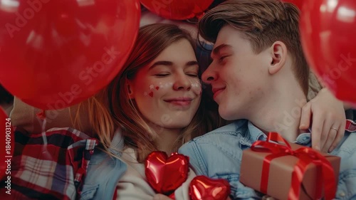 Young couple kissing passionately in a sea of red balloons and hearts, signifying love and romance.