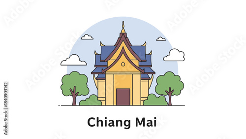 Colorful Architectural Vector Illustration of Wat Chedi Luang Temple in Chiang Mai, Thailand