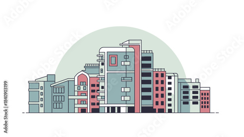 Vibrant Skyline An Illustration of Diverse Buildings in a Modern Urban Landscape against a Neutral Background