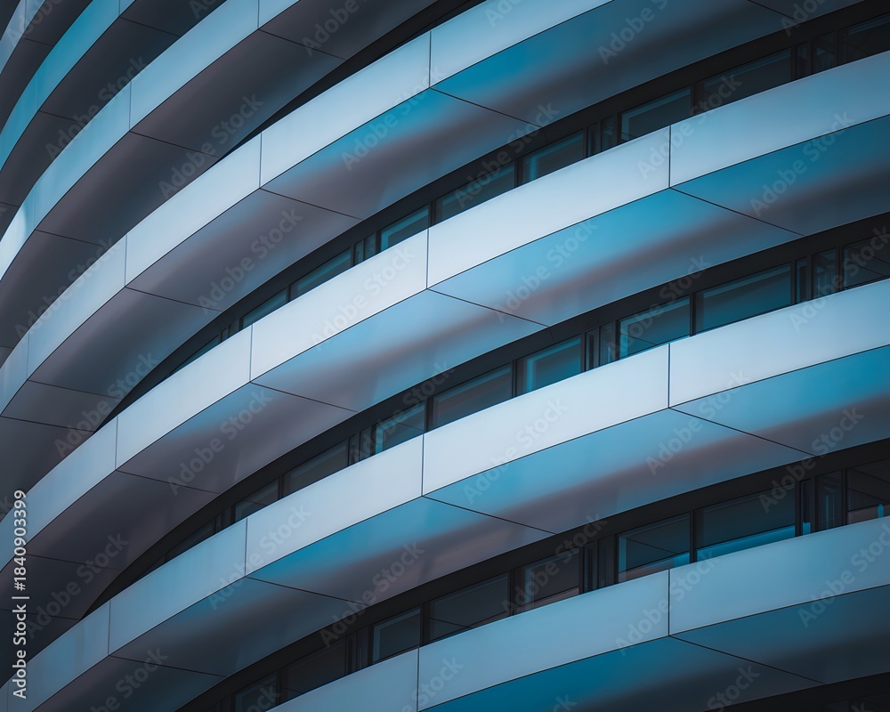 Obraz premium Modern architectural facade with curving lines and reflections