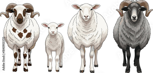 Realistic sheep family illustration set featuring ram ewe and lamb with detailed wool textures, farm livestock vector artwork