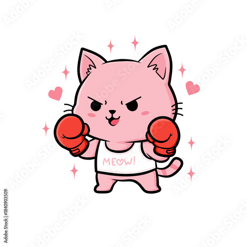 A cute pink chibi cat wearing red boxing gloves and striking a bold stance, illustrated in adorable flat vector style on white