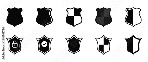 Police badge shield icons. Stylized shield and badge icons inspired by police, law enforcement, authority and official protection symbols. Vector illustration. EPS 10