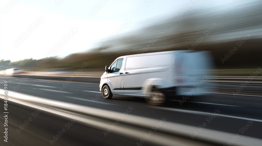 Fototapeta premium A white van speeds along a blurred highway, capturing the essence of motion and transportation in a dynamic setting.