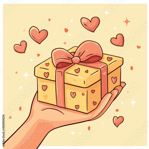 Joyful moment as one hand gratefully receives a beautifully wrapped gift adorned with charming hearts , vector style simple color