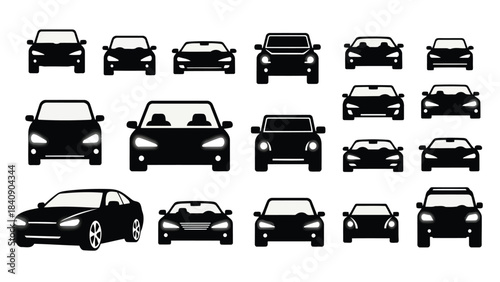 Collection of black car silhouettes on white background