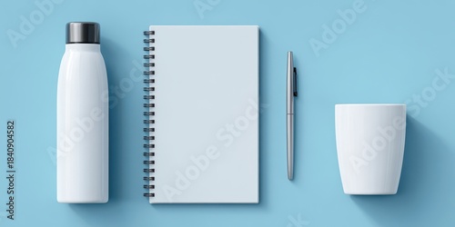 Vibrant photo of Set of white promotional items including a water bottle, notebook, pen, and mug on a light blue background