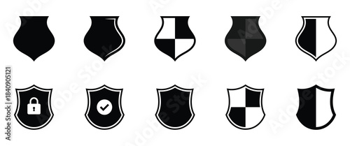 Shield icon set. Security, protection, approve, checkmark, tick, accept. Shield shapes collection black graphic design elements. Shield icon set. Shielding symbols